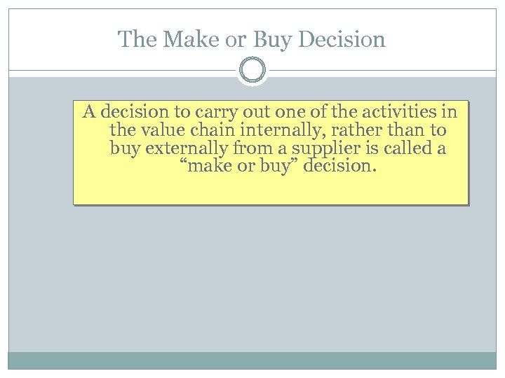 The Make or Buy Decision A decision to carry out one of the activities