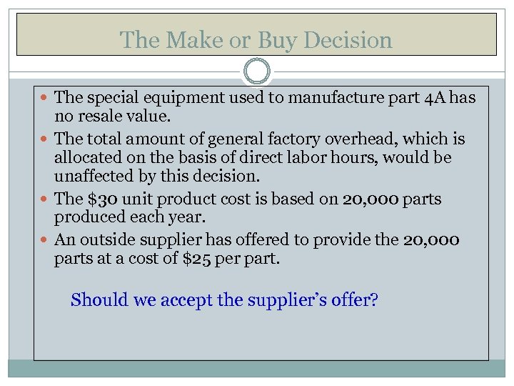 The Make or Buy Decision The special equipment used to manufacture part 4 A