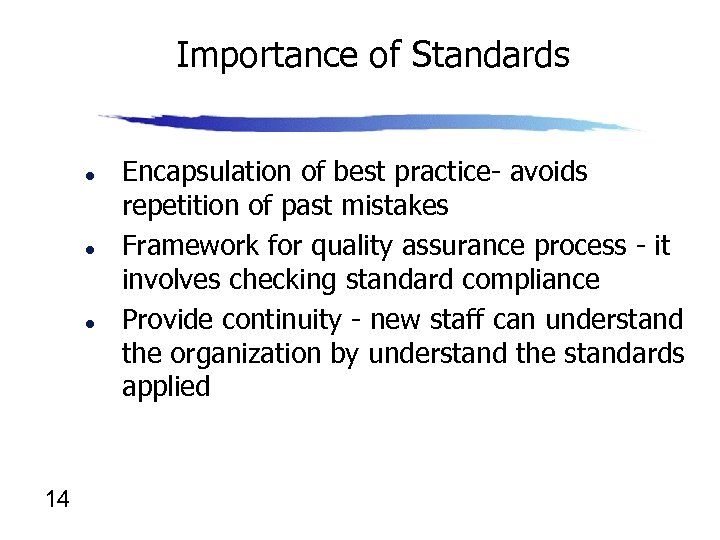 Importance of Standards l l l 14 Encapsulation of best practice- avoids repetition of