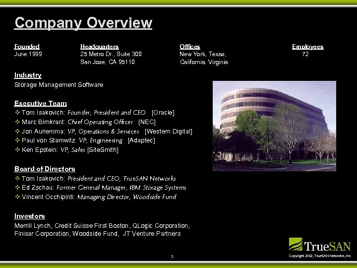 Company Overview Founded June 1999 Headquarters 25 Metro Dr. , Suite 300 San Jose,
