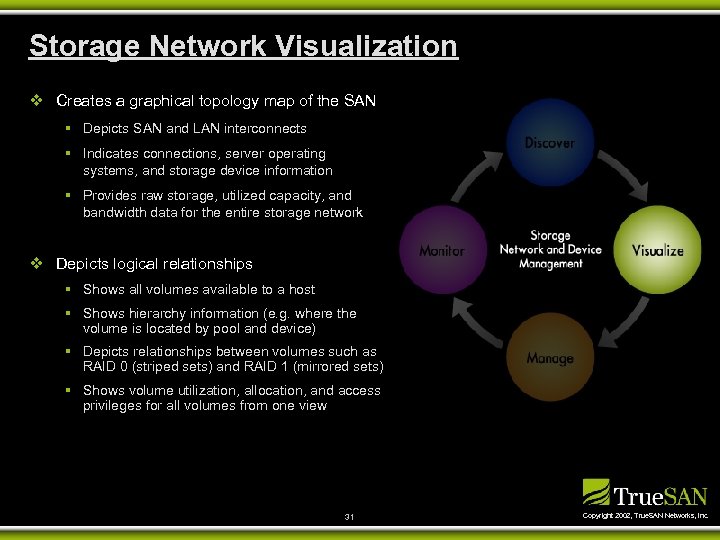 Storage Network Visualization v Creates a graphical topology map of the SAN § Depicts