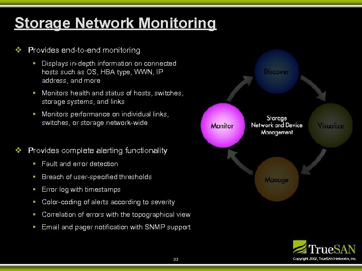 Storage Network Monitoring v Provides end-to-end monitoring § Displays in-depth information on connected hosts