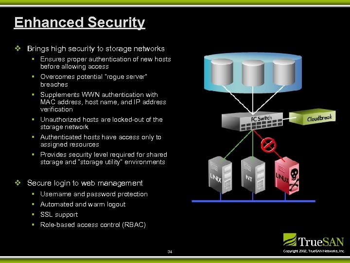 Enhanced Security v Brings high security to storage networks § Ensures proper authentication of
