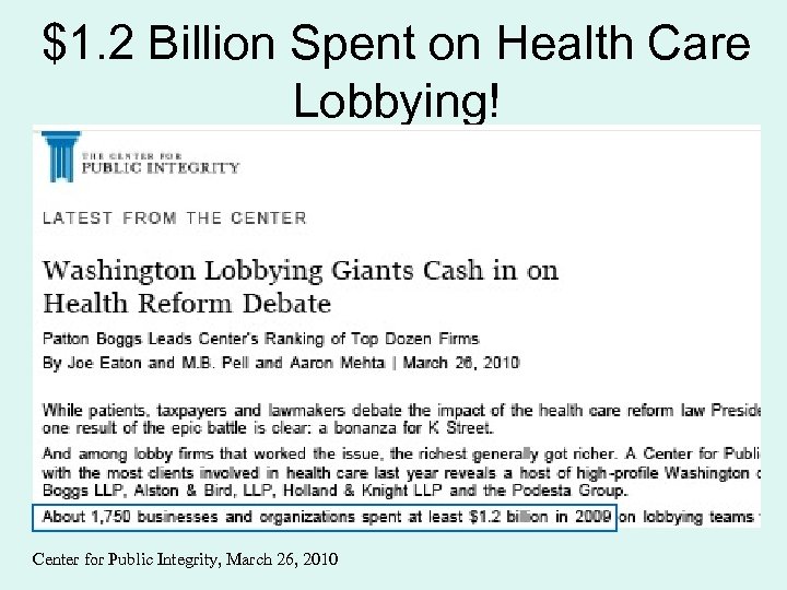 $1. 2 Billion Spent on Health Care Lobbying! Center for Public Integrity, March 26,