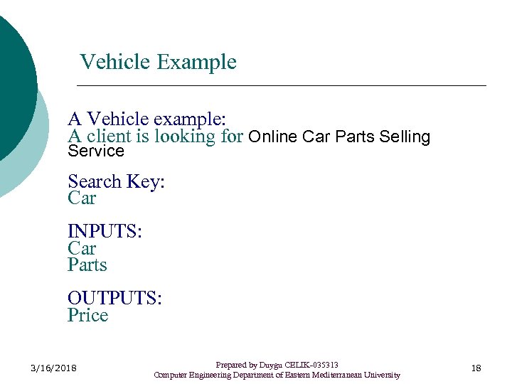 Vehicle Example A Vehicle example: A client is looking for Online Car Parts Selling