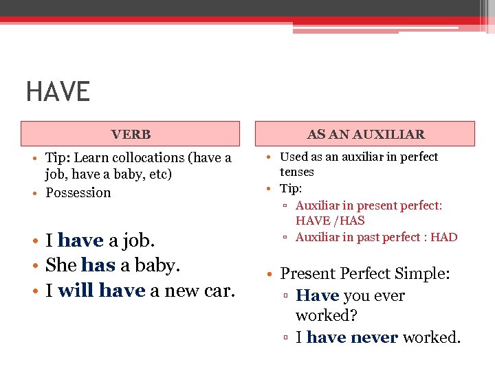 HAVE VERB • Tip: Learn collocations (have a job, have a baby, etc) •