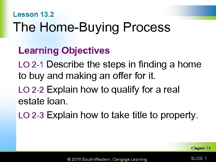 Lesson 13. 2 The Home-Buying Process Learning Objectives LO 2 -1 Describe the steps