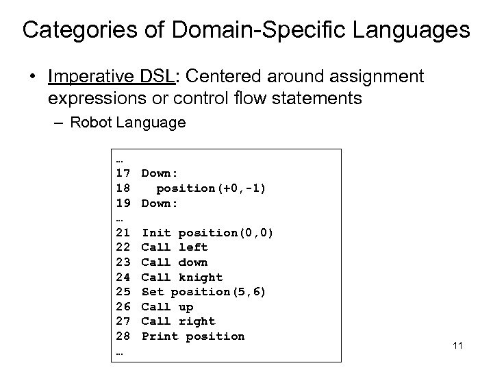 Categories of Domain-Specific Languages • Imperative DSL: Centered around assignment expressions or control flow