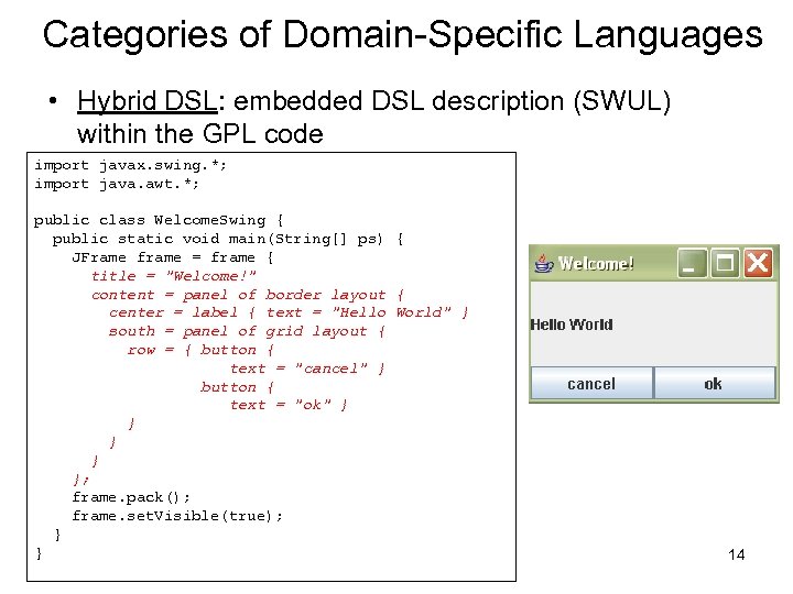 Categories of Domain-Specific Languages • Hybrid DSL: embedded DSL description (SWUL) within the GPL