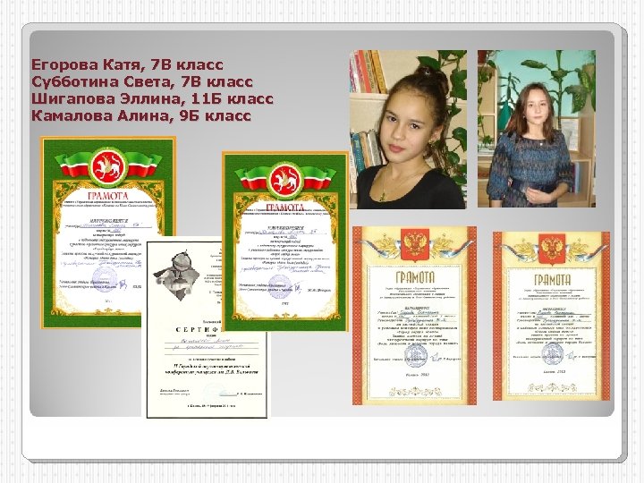 Егорова Катя, 7 В класс Субботина Света, 7 В класс Шигапова Эллина, 11 Б