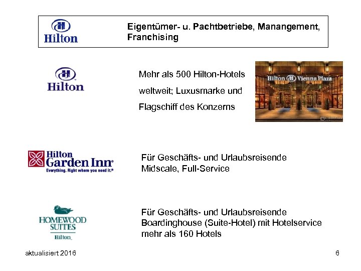 Eigentümer- u. Pachtbetriebe, Manangement, Franchising Mehr als 500 Hilton-Hotels weltweit; Luxusmarke und Flagschiff des