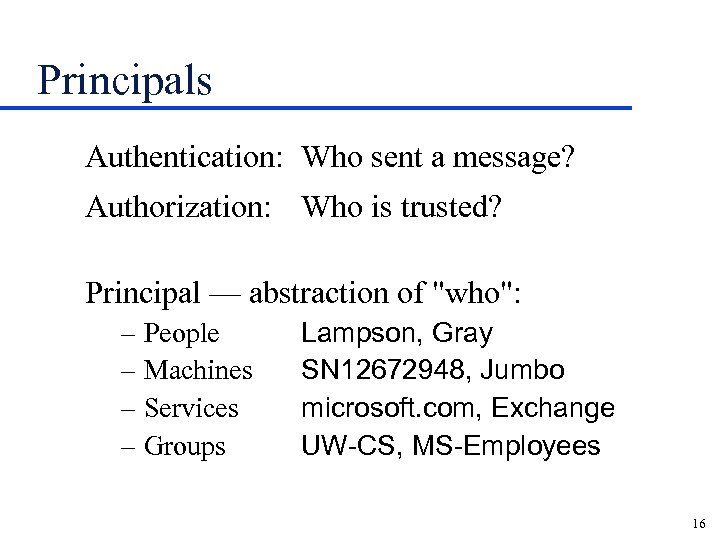 Principals Authentication: Who sent a message? Authorization: Who is trusted? Principal — abstraction of