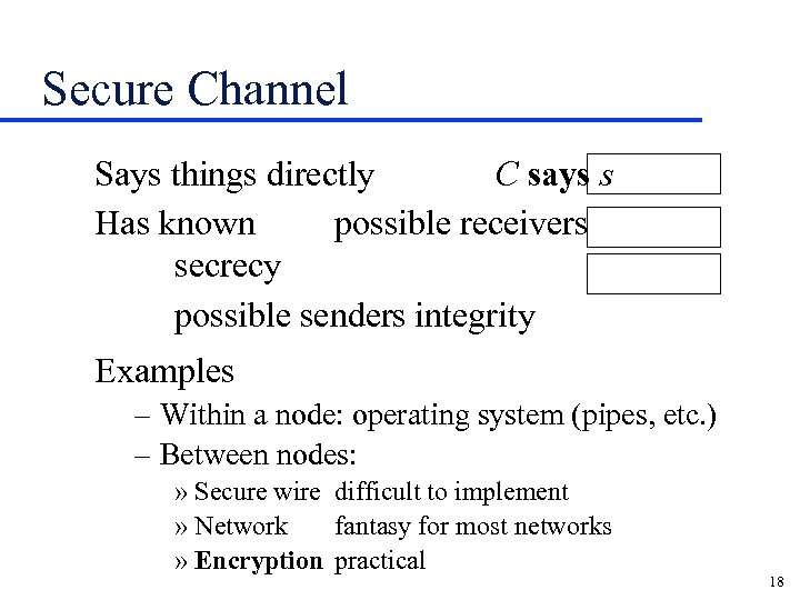 Secure Channel Says things directly C says s Has known possible receivers secrecy possible