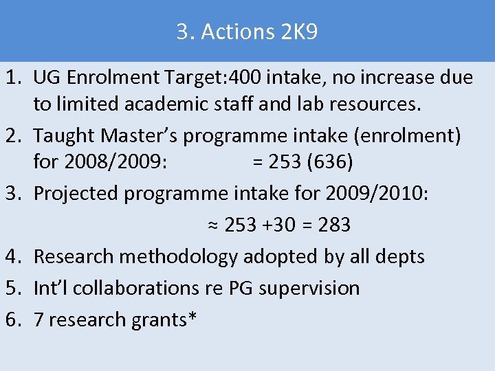 3. Actions 2 K 9 1. UG Enrolment Target: 400 intake, no increase due