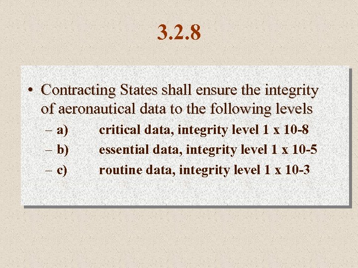 3. 2. 8 • Contracting States shall ensure the integrity of aeronautical data to