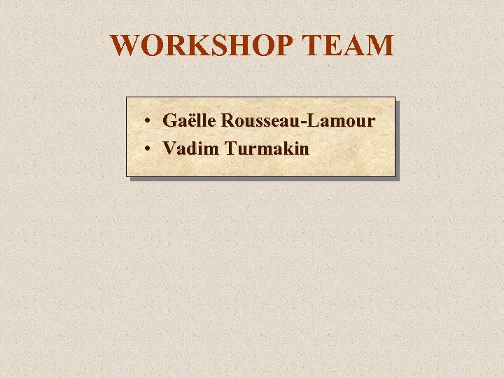 WORKSHOP TEAM • Gaëlle Rousseau-Lamour • Vadim Turmakin 