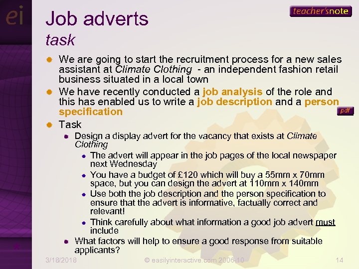 Job adverts task We are going to start the recruitment process for a new