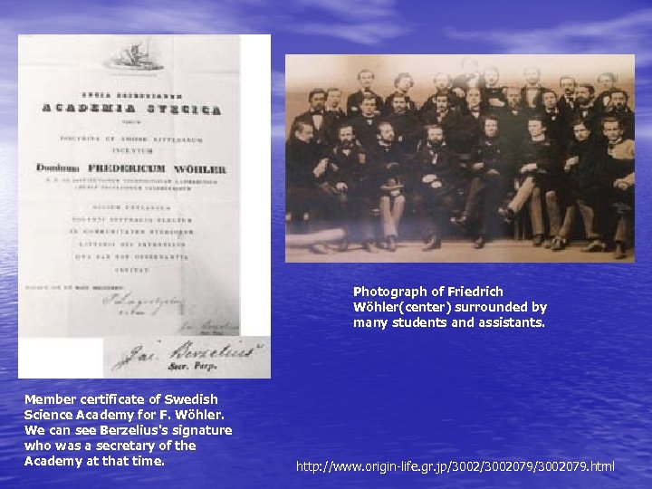 Photograph of Friedrich Wöhler(center) surrounded by many students and assistants. Member certificate of Swedish