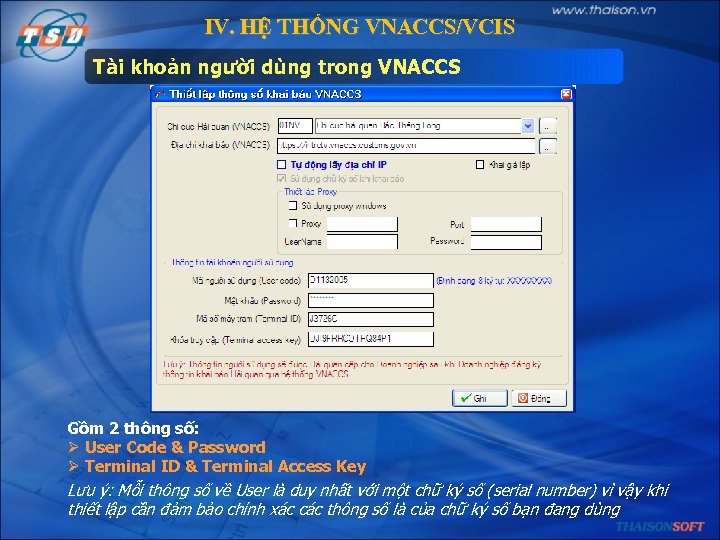 IV. HỆ THỐNG VNACCS/VCIS Tài khoản người dùng trong VNACCS Gồm 2 thông số: