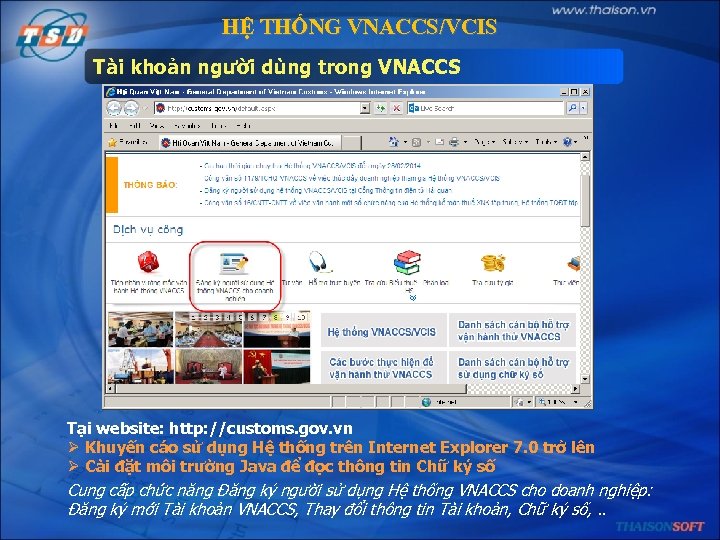HỆ THỐNG VNACCS/VCIS Tài khoản người dùng trong VNACCS Tại website: http: //customs. gov.