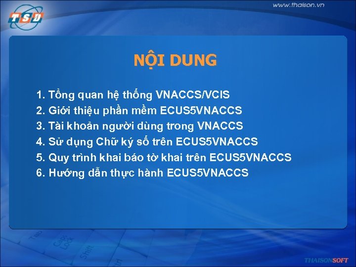 NỘI DUNG 1. Tổng quan hệ thống VNACCS/VCIS 2. Giới thiệu phần mềm ECUS