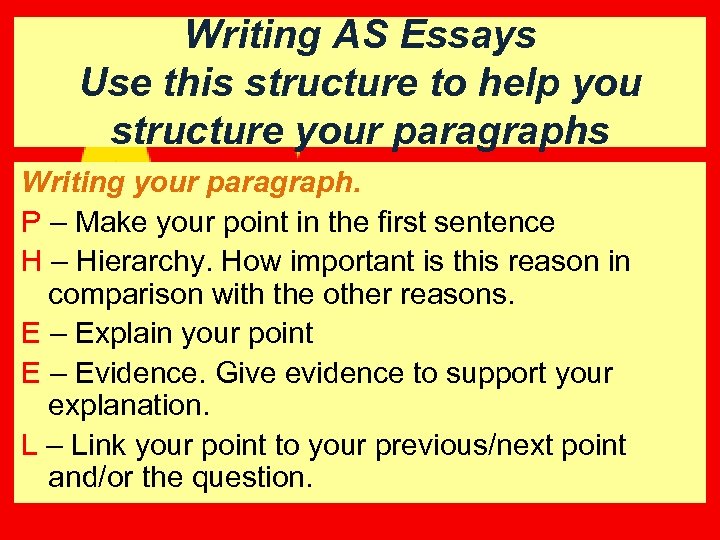 Writing AS Essays Use this structure to help you structure your paragraphs Writing your
