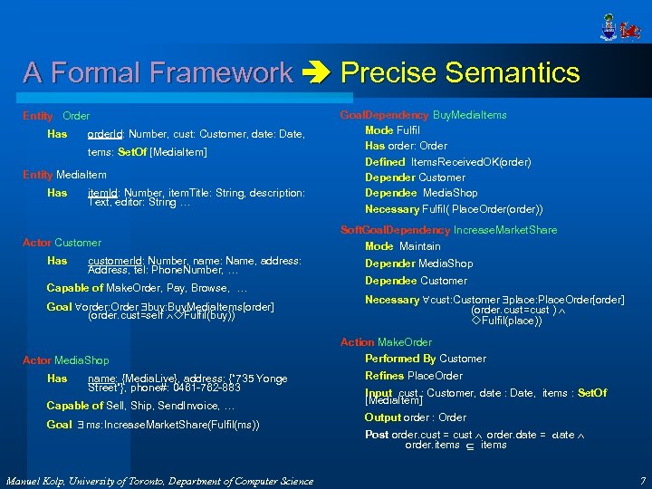 A Formal Framework Precise Semantics Entity Order Has order. Id: Number, cust: Customer, date: