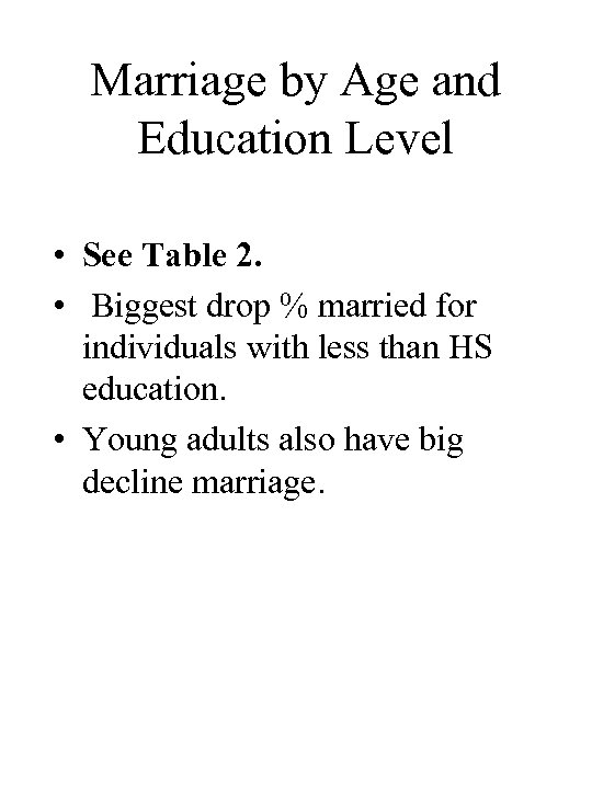 Marriage by Age and Education Level • See Table 2. • Biggest drop %