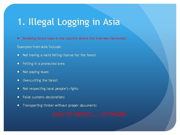 1. Illegal Logging in Asia Breaking forest laws in the country where the tree