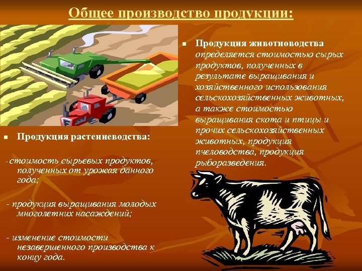 Общее производство продукции: n n Продукция растениеводства: - стоимость сырьевых продуктов, полученных от урожая