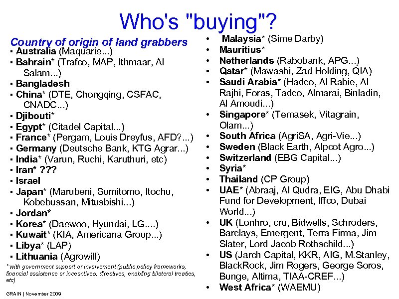 Who's "buying"? Country of origin of land grabbers ▪ Australia (Maquarie. . . )