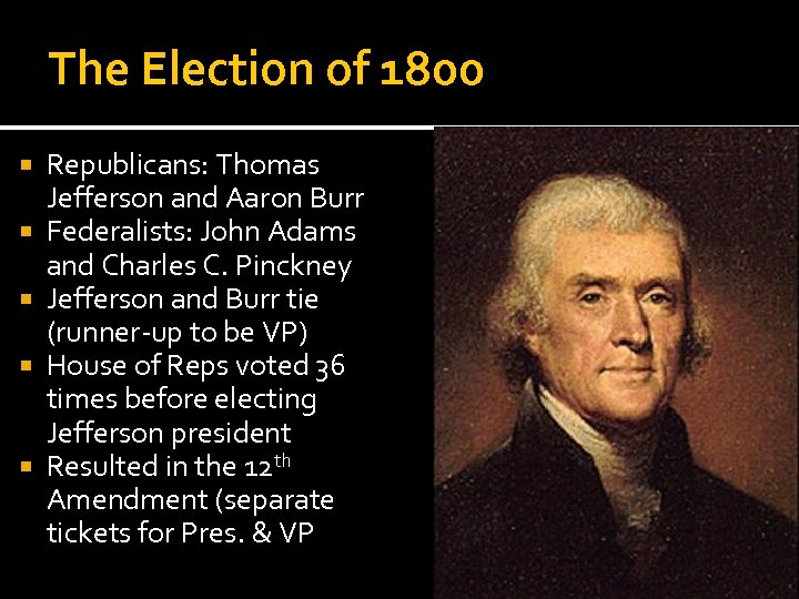 The Election of 1800 Republicans: Thomas Jefferson and Aaron Burr Federalists: John Adams and