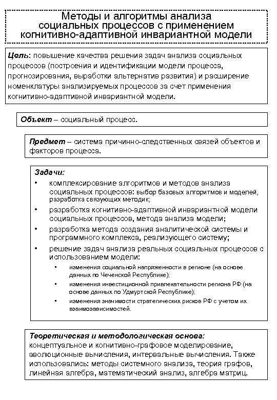 Методы и алгоритмы анализа социальных процессов с применением когнитивно-адаптивной инвариантной модели Цель: повышение качества