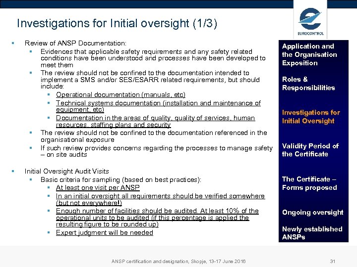 Investigations for Initial oversight (1/3) § § Review of ANSP Documentation: § Evidences that
