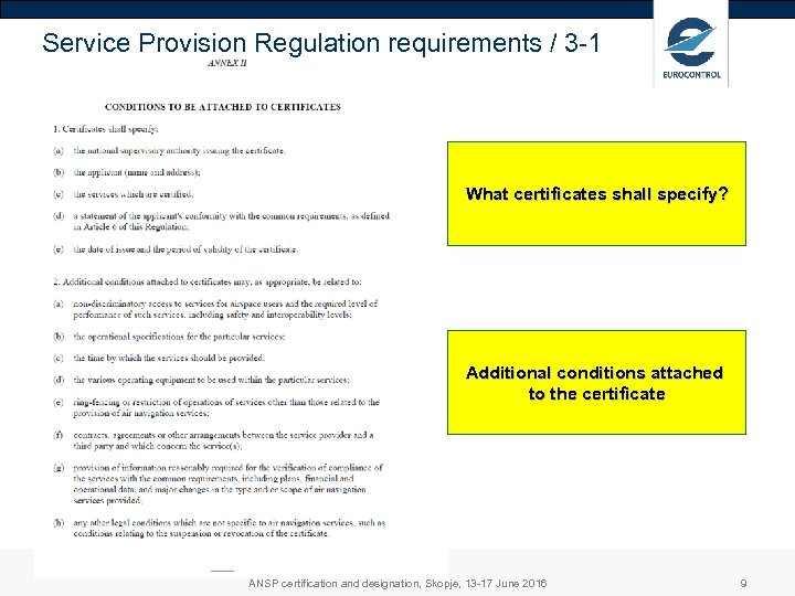 Service Provision Regulation requirements / 3 -1 What certificates shall specify? Additional conditions attached
