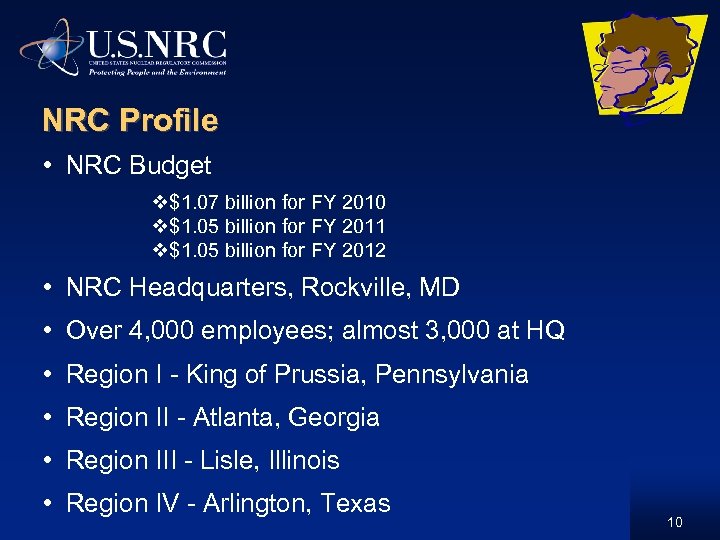 NRC Profile • NRC Budget v$1. 07 billion for FY 2010 v$1. 05 billion