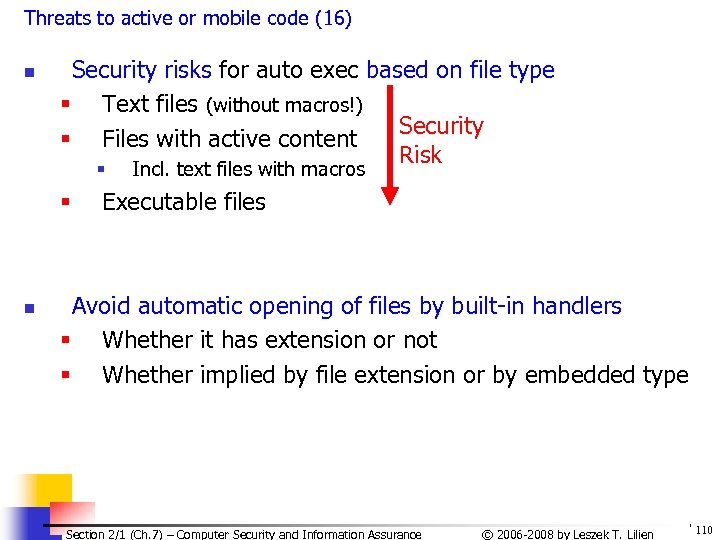 Threats to active or mobile code (16) n Security risks for auto exec based