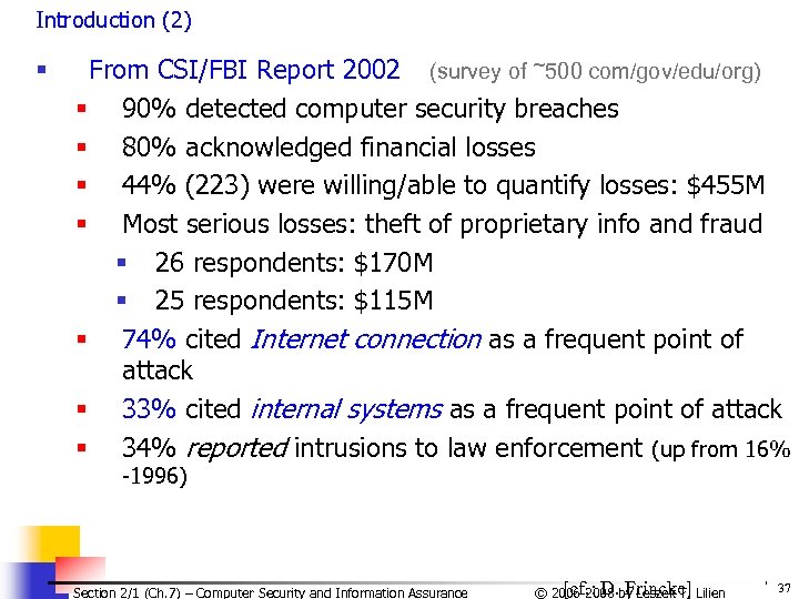Introduction (2) § From CSI/FBI Report 2002 (survey of ~500 com/gov/edu/org) § 90% detected