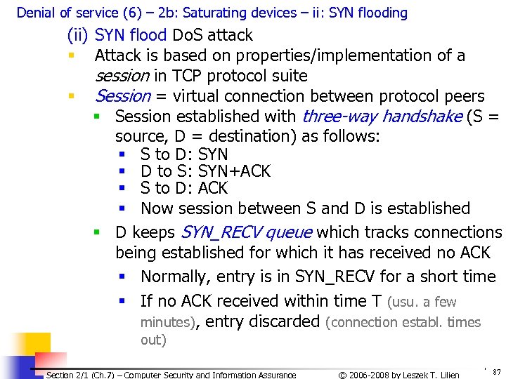 Denial of service (6) – 2 b: Saturating devices – ii: SYN flooding (ii)