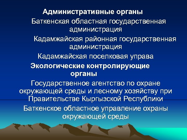 Административные органы Баткенская областная государственная администрация Кадамжайская районная государственная администрация Кадамжайская поселковая управа Экологические