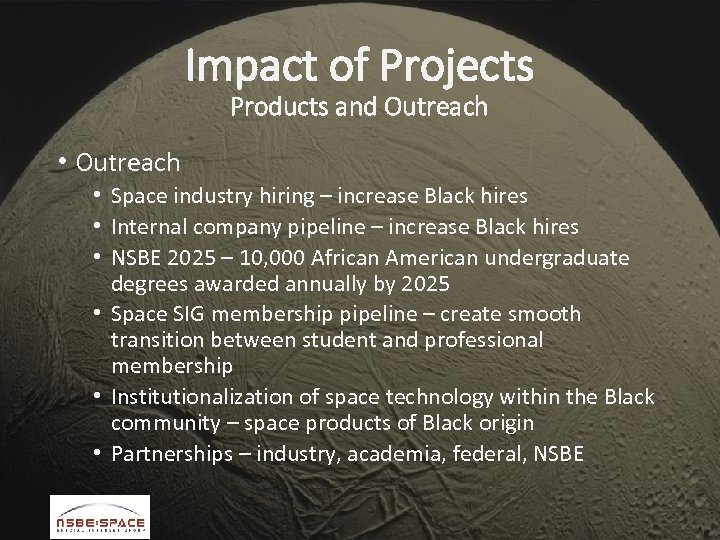 Impact of Projects Products and Outreach • Outreach • Space industry hiring – increase