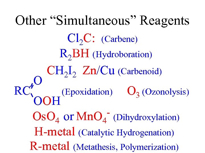 Other “Simultaneous” Reagents RC O Cl 2 C: (Carbene) R 2 BH (Hydroboration) CH