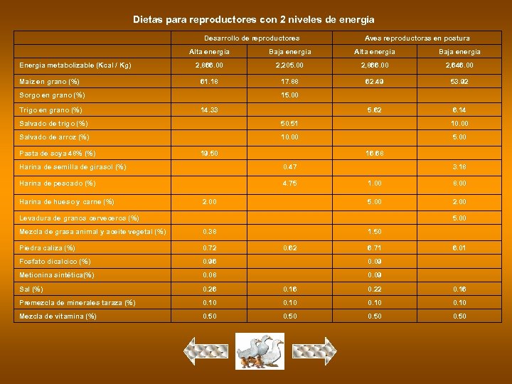 Dietas para reproductores con 2 niveles de energía Desarrollo de reproductores Aves reproductoras en