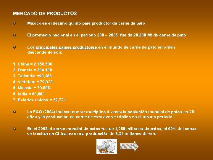 MERCADO DE PRODUCTOS México es el décimo quinto país productor de carne de pato