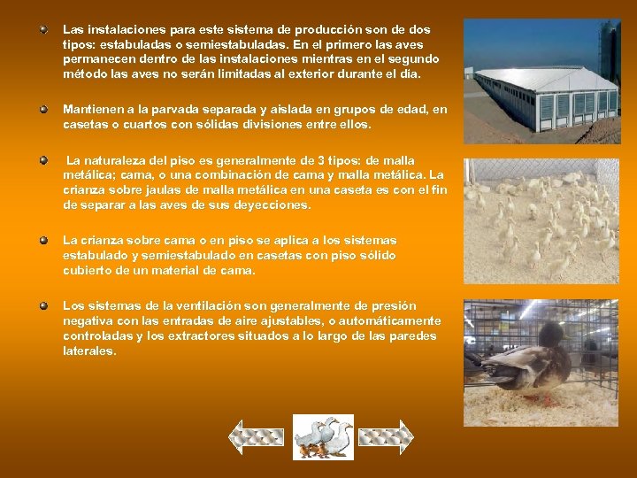 Las instalaciones para este sistema de producción son de dos tipos: estabuladas o semiestabuladas.