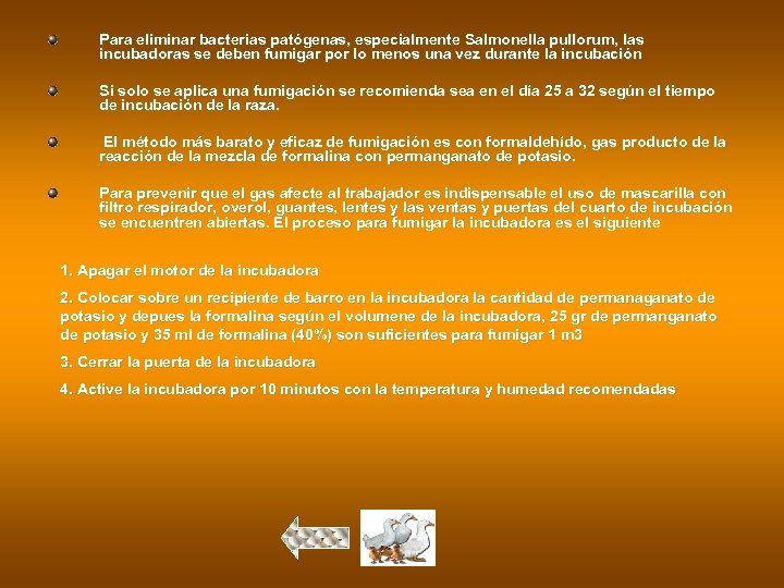 Para eliminar bacterias patógenas, especialmente Salmonella pullorum, las incubadoras se deben fumigar por lo