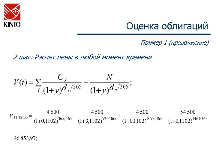 Оценка облигаций Пример 1 (продолжение) 2 шаг: Расчет цены в любой момент времени 