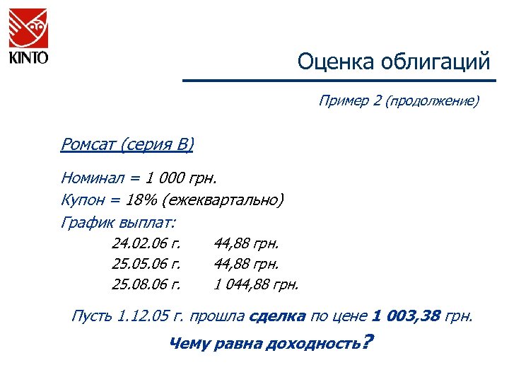 Оценка облигаций Пример 2 (продолжение) Ромсат (серия В) Номинал = 1 000 грн. Купон