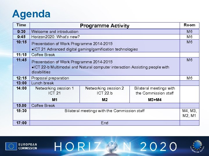 Agenda Time 9: 30 9: 45 10: 15 11: 45 12: 15 13: 00