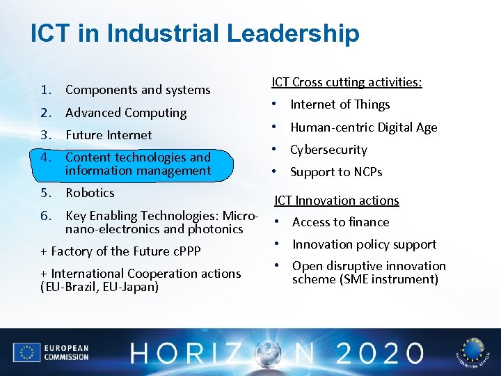 ICT in Industrial Leadership 1. Components and systems 2. Advanced Computing 3. Future Internet